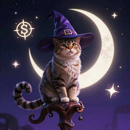 Photograph-style digital artwork of a tabby cat in a purple witch hat, sitting on an ornate wooden perch, against a dark night sky with