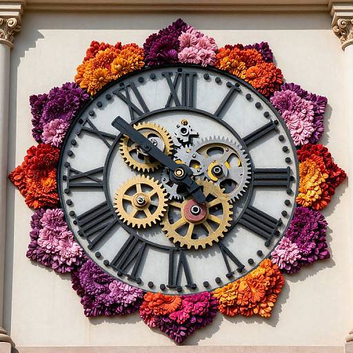 Steampunk-style clock with intricate gears, surrounded by vibrant, colorful chrysanthemums, set against a white wall with ornate corners.