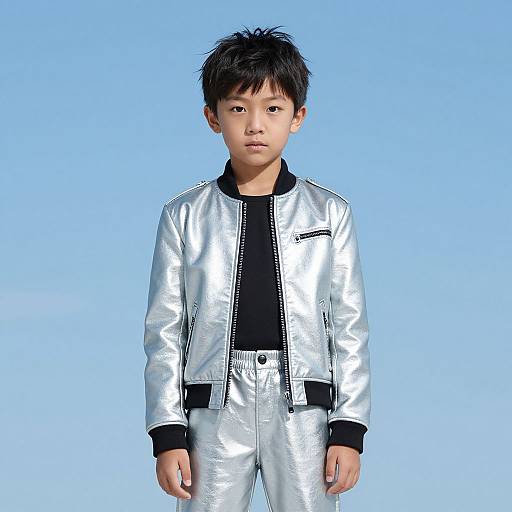Photograph of an Asian boy with short black hair, wearing a shiny silver jacket and pants over a black shirt, standing against a bright blue background.