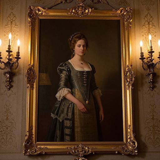 Photograph of an ornate, framed portrait of a 18th-century woman in a dark, detailed, corseted gown, illuminated by two