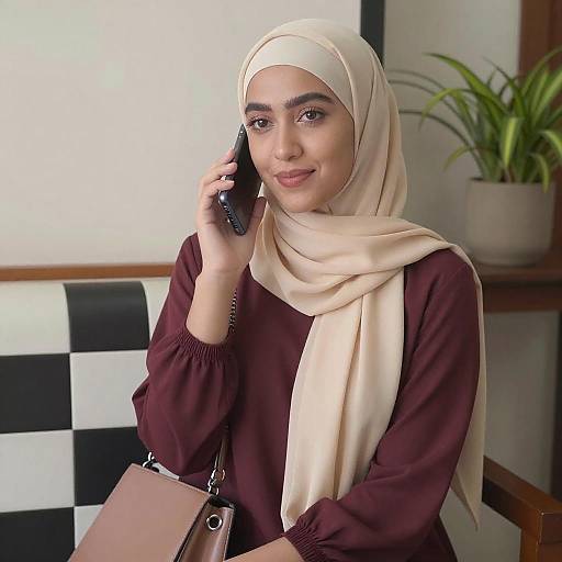 Young Woman in Beige Hijab on Bench