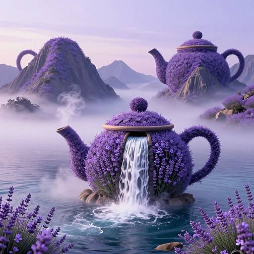 Fantasy digital art: Vibrant purple teapots with floral designs, one with a waterfall, surrounded by misty mountains and lavender fields.