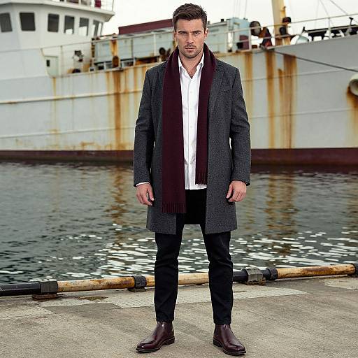 Photograph of a handsome, dark-haired man in a black wool coat, white shirt, dark scarf, and black pants, standing on a dock with