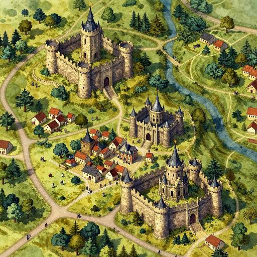 Colorful digital illustration of a medieval village with two grand stone castles, red-roofed houses, winding paths, and lush greenery.