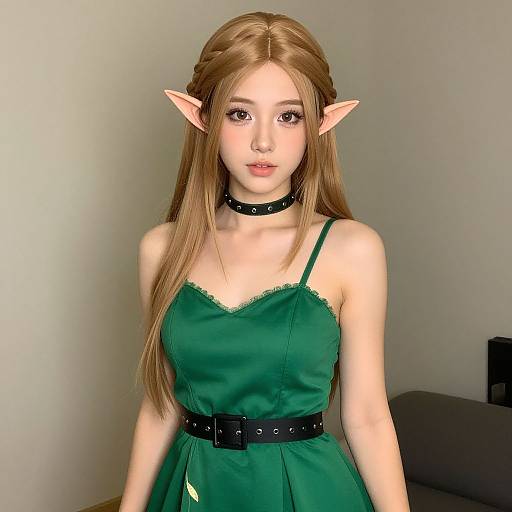 Photograph of a young woman with long, straight, light brown hair, elf ears, wearing a green dress, black choker, and belt,