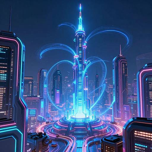 Neon-lit futuristic cityscape with a glowing, blue, spire-topped skyscraper at center, surrounded by tall buildings and swirling light trails