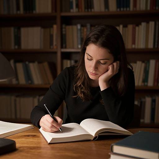 Photograph of a young woman with dark hair, wearing a black sweater, writing in an open book at a wooden table in a dimly lit library