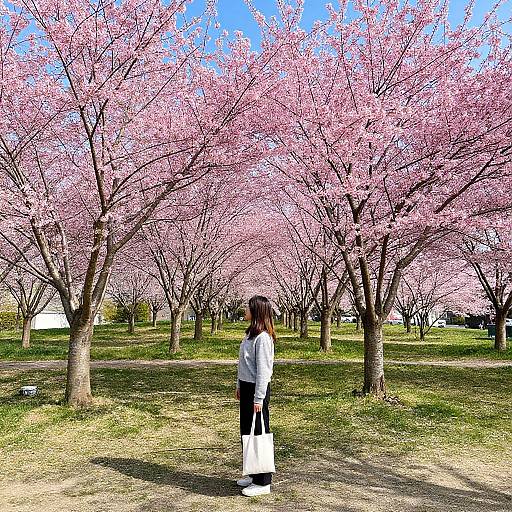 Photograph of a woman with long brown hair in a white shirt and black pants, holding a white shopping bag, standing under a row of pink cherry