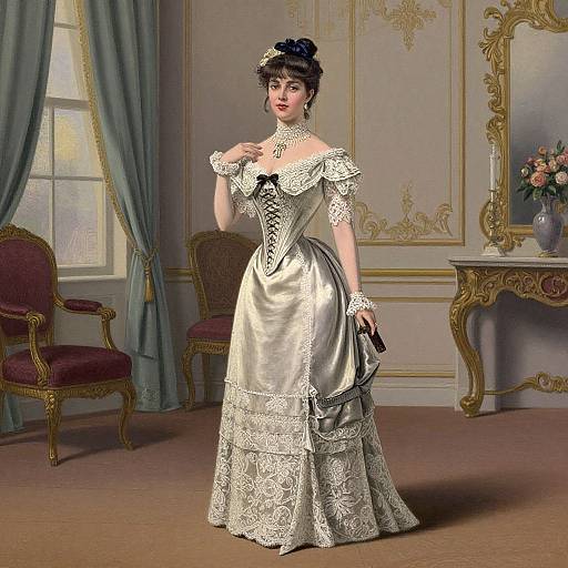 Victorian-style woman in a silver satin and lace dress, black hat, holding a fan, elegant room with ornate furniture. Digital artwork.