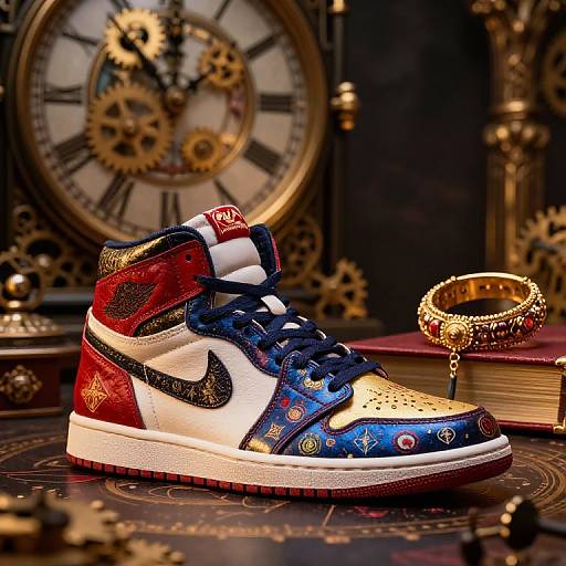 Vibrant, detailed photograph of a decorated Nike Air Max sneaker with red, blue, and gold patterns, set against a clock and gold jewelry