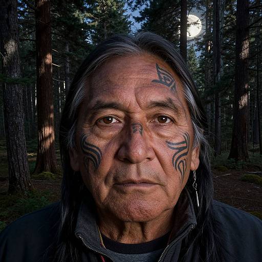 Photograph of a middle-aged Native American man with long black hair, tribal tattoos on his cheeks, serious expression, standing in a forest under a full