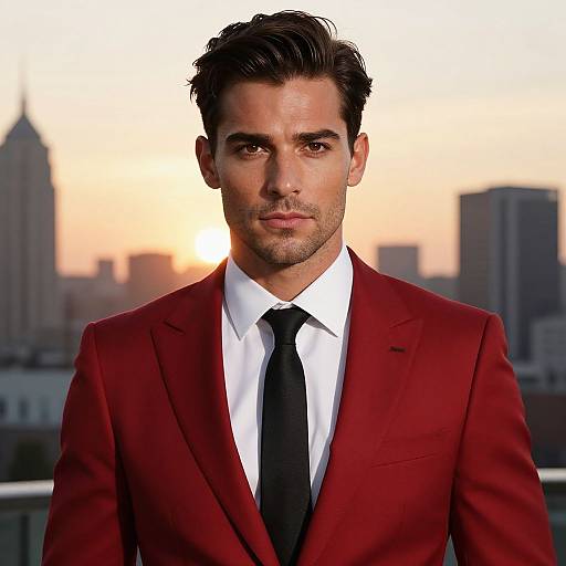 Photograph of a handsome man with dark hair, brown eyes, and light stubble, wearing a red suit, white shirt, and black tie,