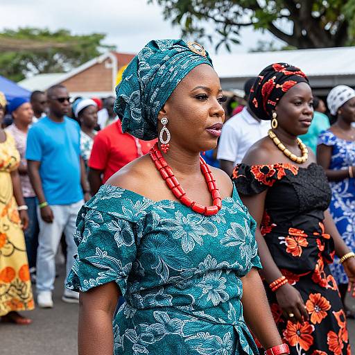 Photograph of a confident African woman in a teal floral dress and matching headscarf, wearing red beads, standing among a diverse crowd at an outdoor
