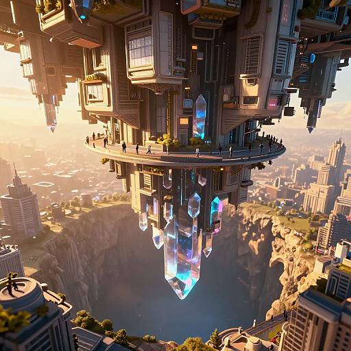 CGI image of futuristic floating cityscape at sunset, with glowing neon-lit buildings, towering skyscrapers, and vibrant city below.