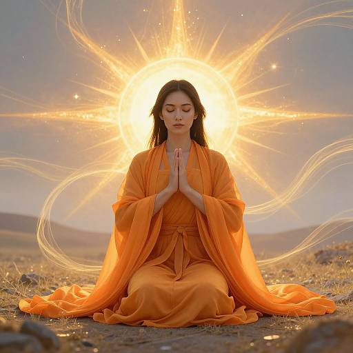 Photograph of a serene Asian woman in an orange robe, sitting in meditation with hands in prayer pose, surrounded by a radiant, glowing sunburst in