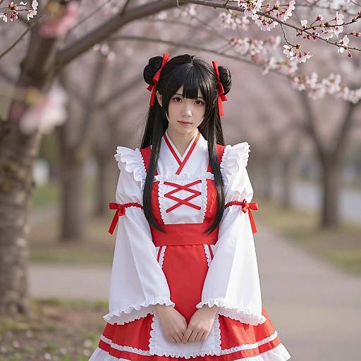 Photorealistic Anime-Style Girl in Traditional Japanese Dress with Cherry Blossoms