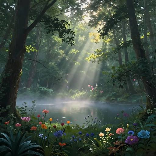 Photograph of a misty forest clearing with sunlight streaming through trees, flowers in vibrant colors (red, orange, pink, blue) blooming around