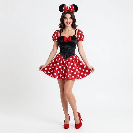 Photograph of a smiling woman in a Minnie Mouse costume with red polka-dot dress, black corset, red bow, and red heels.