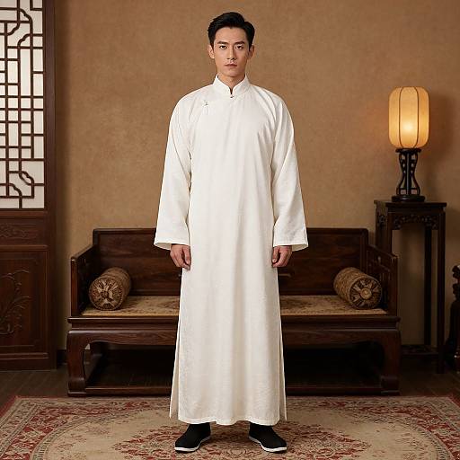 Photograph of an Asian man in a white traditional long-sleeve tunic and black shoes, standing in an ornate, warmly lit room with