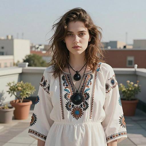 Photograph of a young woman with wavy brown hair, wearing a white embroidered blouse, standing on a rooftop with potted plants.
