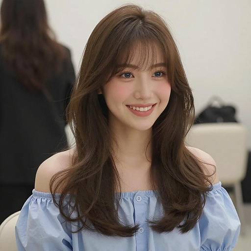 Smiling Young Woman in Blue Blouse