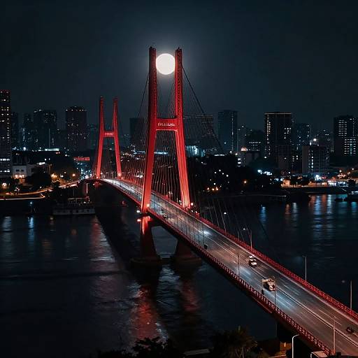 Photograph of a brightly lit, red suspension bridge at night with a full moon, reflecting on the water, surrounded by a city skyline with illuminated buildings