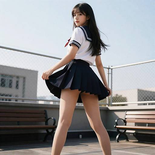 Young Woman in Sailor School Uniform on Rooftop