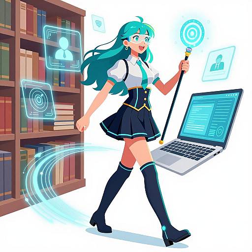 Vibrant Anime Librarian in Cyberpunk World
