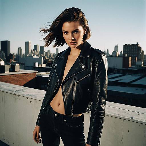 Fashion Model in Leather Jacket on Rooftop