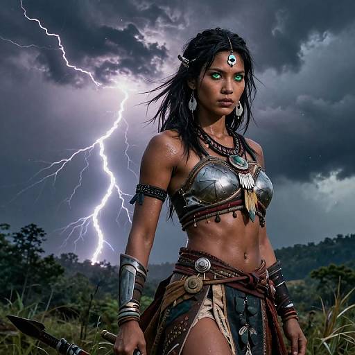 Photorealistic digital artwork of a fierce, topless warrior woman with green eyes, dark skin, and black hair, standing in a stormy jungle
