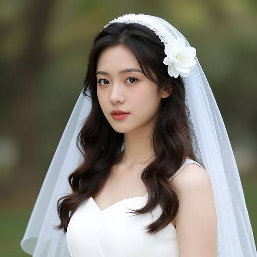 Photograph of an Asian woman with long black hair, wearing a white wedding dress and veil, standing outdoors with a blurred green background.