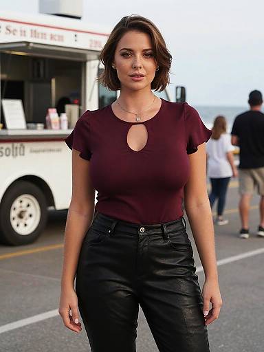 Photograph of a young woman with short brown hair, wearing a maroon top with a keyhole cutout and black leather pants, standing in front