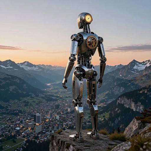 Photograph of a silver robotic figure with exposed gears and glowing eyes standing on a mountain ledge, overlooking a sunset-lit city and mountain range.