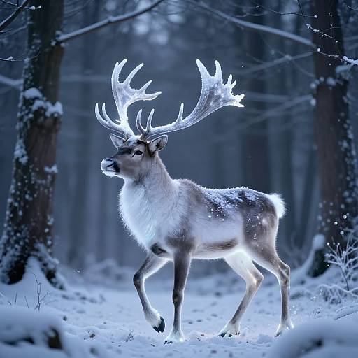 Photograph of a glowing, snow-covered reindeer with large antlers walking through a dark, snow-laden forest at night.