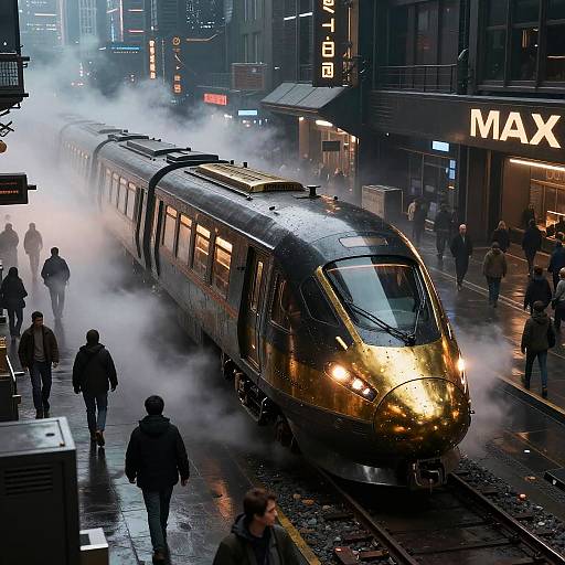 Photograph of a sleek, gold-trimmed subway train emitting steam, surrounded by pedestrians in a rainy, neon-lit urban night scene.