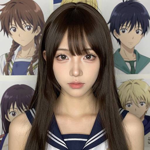 Digital composite: central anime-style female with long black hair and fair skin, surrounded by four anime characters with varied hair colors.
