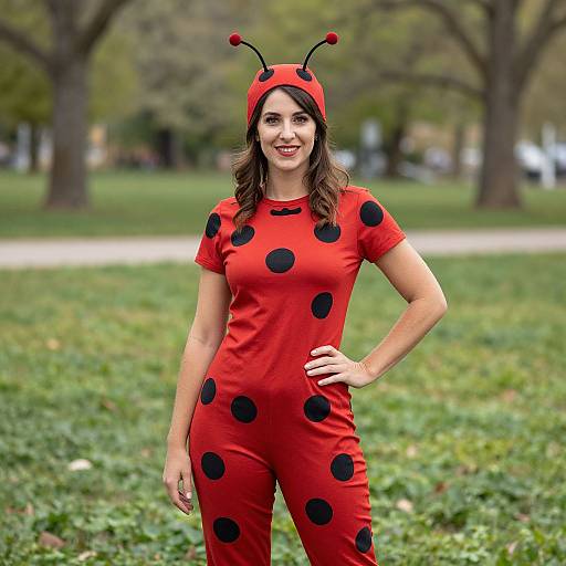 Photograph of a smiling woman with long brown hair, wearing a red bee costume with black polka dots and antennae, standing in a grassy