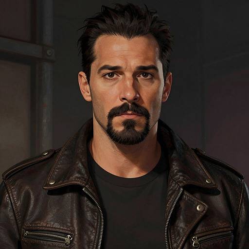 Photograph of a serious, dark-haired, bearded man with a goatee, wearing a black leather jacket over a black shirt, against a dark
