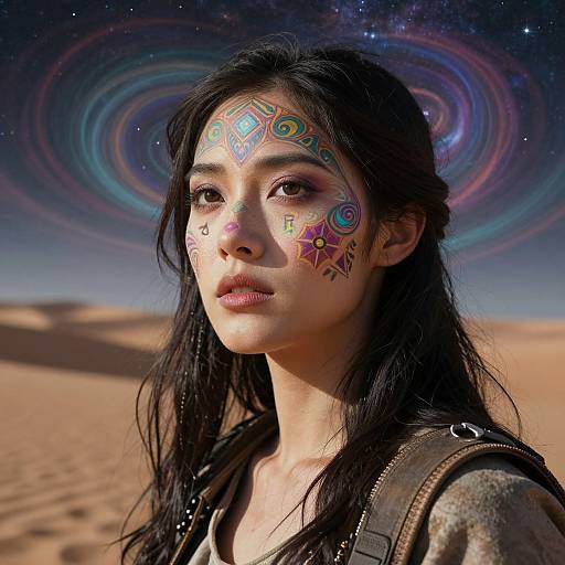 Photograph of a young woman with intricate, colorful face paint, standing in a desert under a vivid, swirling galaxy sky.