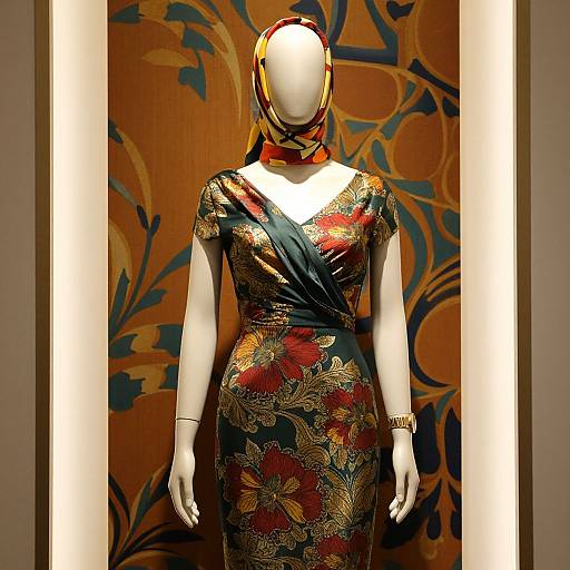 Photograph of a faceless mannequin wearing a floral-patterned, dark blue and red dress with gold accents, a red and gold headscar
