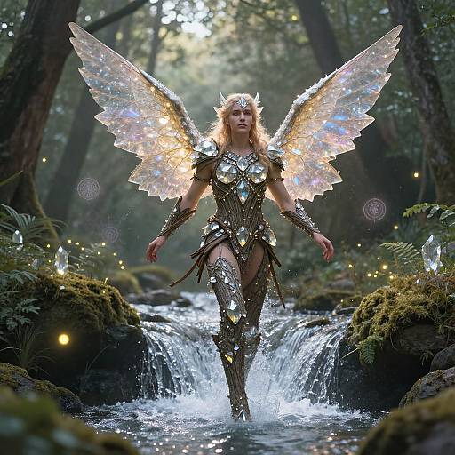 Photorealistic CGI of an ethereal fairy with glowing, iridescent wings, wearing metallic armor, crossing a forest stream, surrounded by magical fire