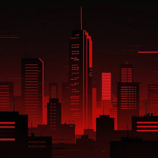 Digital illustration of a cityscape at night, featuring silhouetted skyscrapers illuminated by intense red lights, creating a futuristic, neon-lit