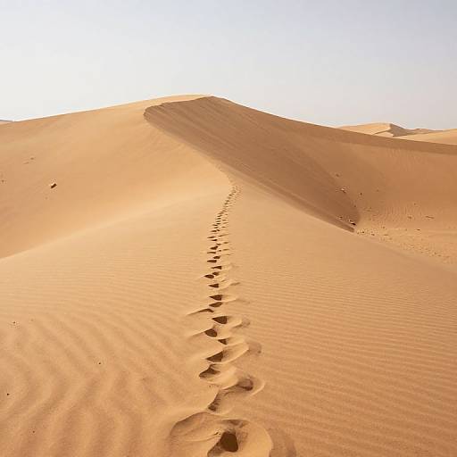 Photograph of a sunlit desert with golden sand dunes, featuring a single, winding trail of footprints leading up a gentle slope under a clear
