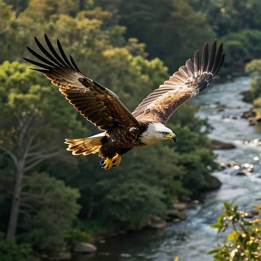 Photograph of a majestic bald eagle with outstretched wings soaring above a rushing river and dense, green forest. Sunlight highlights its brown and white