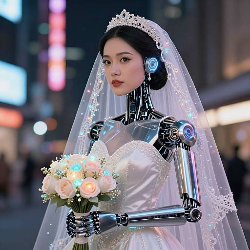 Photorealistic CGI of a futuristic, robotic bride with glowing blue accents, white lace veil, holding a bouquet of roses, in a neon-lit