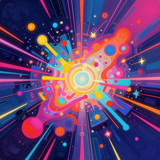 Vibrant abstract digital artwork featuring a bright, glowing center with neon pink, blue, and yellow lines and circles radiating outwards against a dark