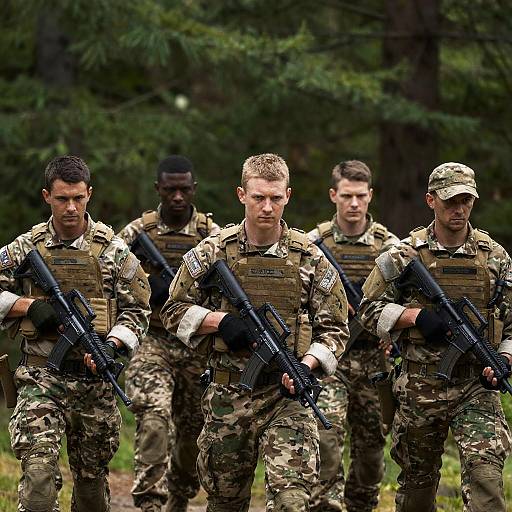 Five Soldiers Walking in Forest