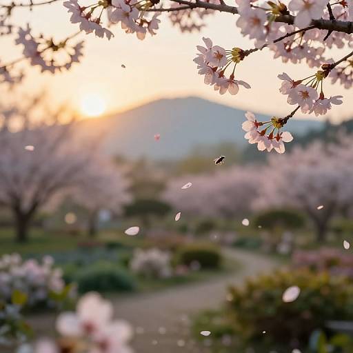 Photograph of a sunlit cherry blossom garden with a bee on a branch, pink flowers, blurred background, and soft sunset hues.