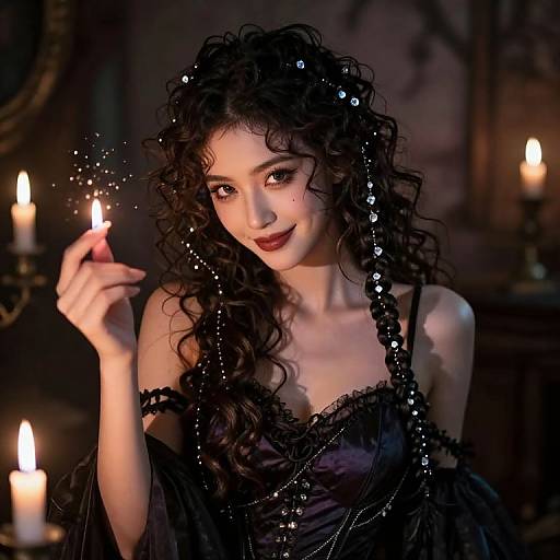 Photorealistic digital artwork of a curly-haired woman with dark makeup, wearing a black lace dress and pearl necklace, holding sparkling glitter, illuminated by candles