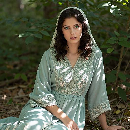Photograph of a fair-skinned woman with dark wavy hair, wearing a light blue, ornately embroidered dress and veil, seated in a sun